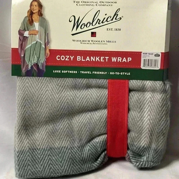 NWT WOOLRICH COZY BLANKET SHAWL ONE SIZE FITS ALL GRAY AND PURPLE PLAID - Picture 2 of 7